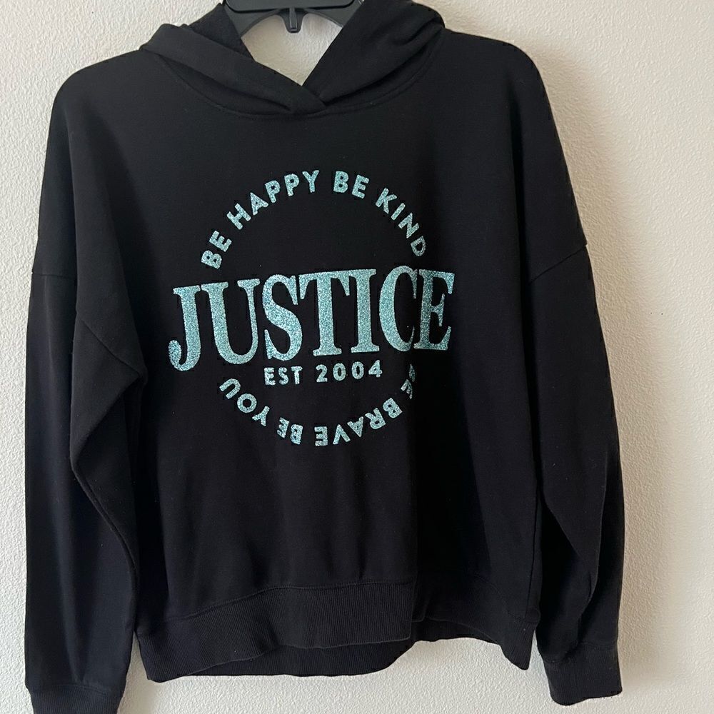 Justice Girls Blue Glitter Be Happy Be Kind Black Semi Crop Sweatshirt XL(14_16)
